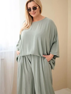 Dámský komplet Plus Size z viskózy se širokými kalhotami a halenkou khaki