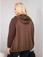 Dámská bavlněná mikina Plus Size s pletenými rukávy a kapucí hnědá