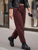Dámské džíny s vysokým pasem, střih mom fit, s páskem, bordové, FashionStreet UY3121