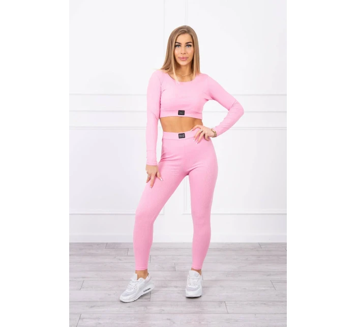 Komplet z bluzką top prążkowany jasny różowy