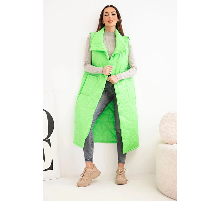 Dámská prošívaná dlouhá vesta s kapsami a stojáčkem neonově zelená
