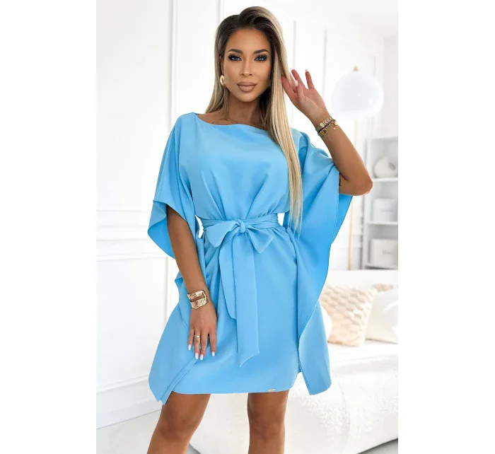 287-26 SOFIA Motýlí šaty se zavazováním v pase - MODRÉ