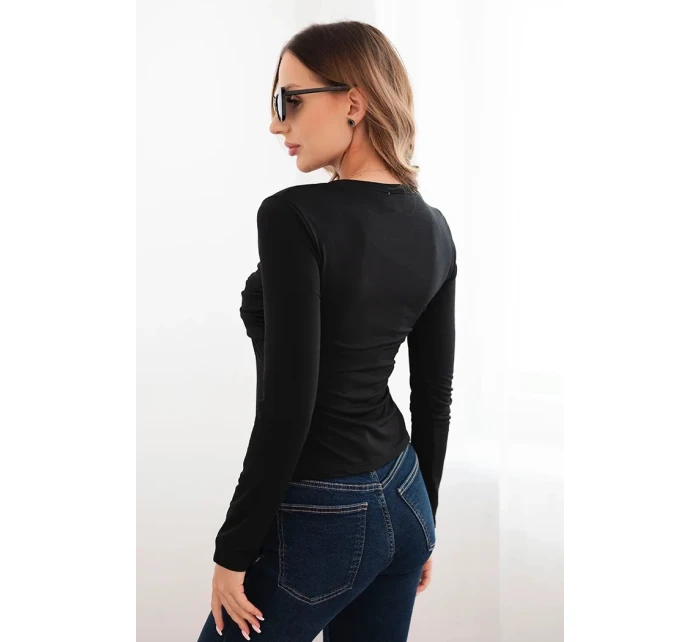 Dámská blůza z viskózy model 21468688 s řasením a broží černá - K-Fashion