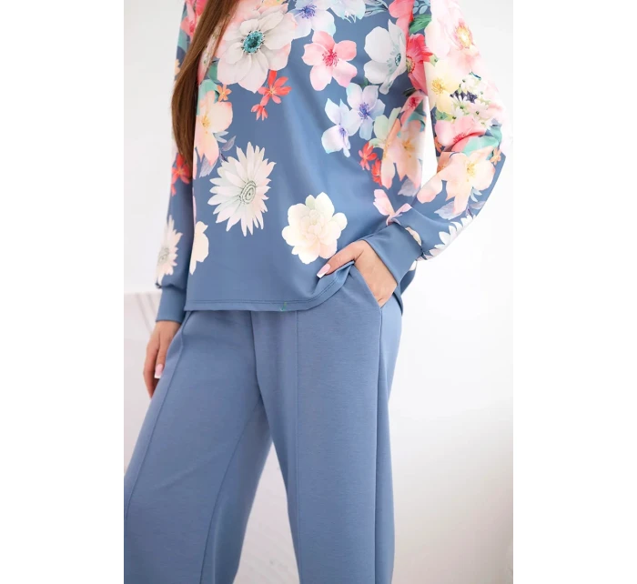 Dámský máslový viskózový komplet s květinovým vzorem a širokými nohavicemi model 22014235 - K-Fashion