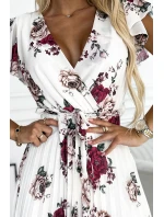 Plisované midi šaty s výstřihem a volánky ecru + vínové květy model 21097879 - numoco basic