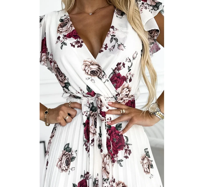 Plisované midi šaty s výstřihem a volánky ecru + vínové květy model 21097879 - numoco basic