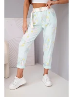 Dámské viskózové květované kalhoty s páskem mátové