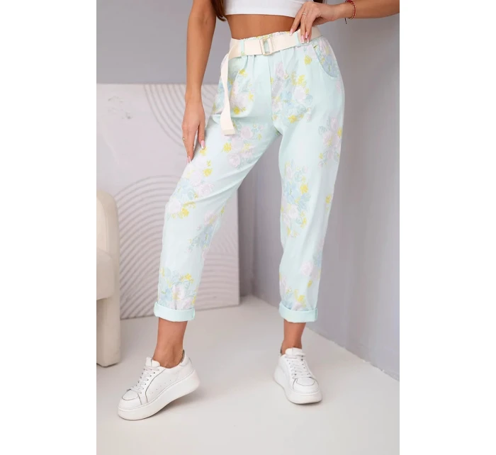 Dámské viskózové květované kalhoty s páskem mátové