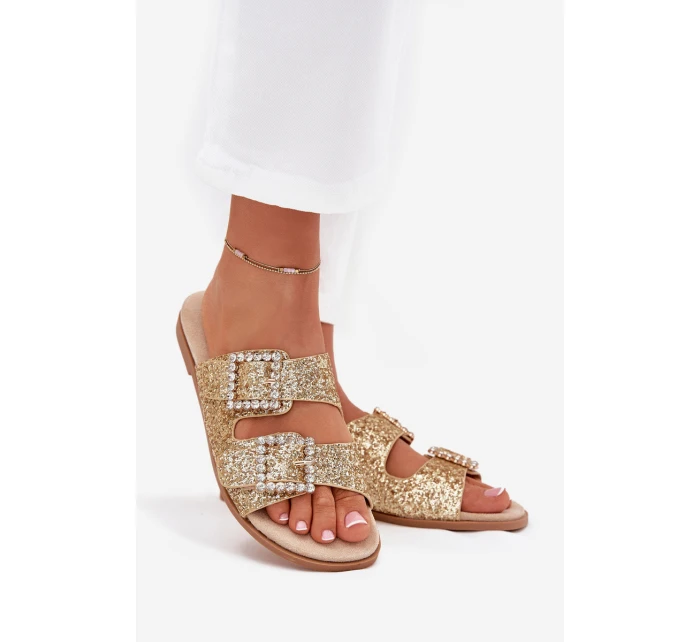 Lesklé zdobené pantofle s přezkami na plochém podpatku zlaté Tovira