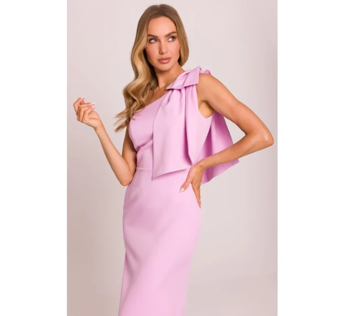 Šaty na jedno rameno s mašlí růžové model 20970613 - Moe Šaty na jedno rameno s mašlí růžové model 20970613 - Moe