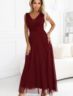 Večerní dlouhé šaty s a hlubokým výstřihem bordó model 21418737 - numoco basic