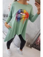 Oversize halenka s potiskem duhových rtů tmavě mátová