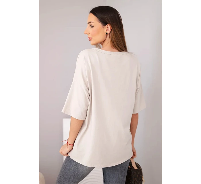 Dámská bavlněná oversize halenka s potiskem  béžová model 22040094 - K-Fashion