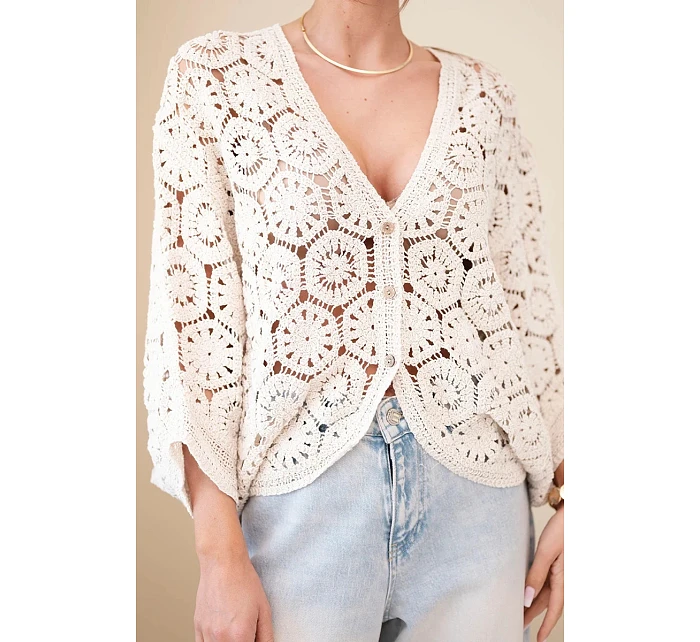 Dámský letní krajkový svetr s knoflíky a dlouhým rukávem černý Dámský letní krajkový svetr s knoflíky a dlouhým rukávem černý