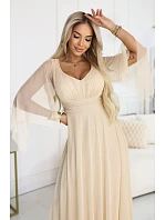 Dlouhé lehké třpytivé šaty 655-4 béžové - Numoco Dlouhé lehké třpytivé šaty 655-4 béžové - Numoco