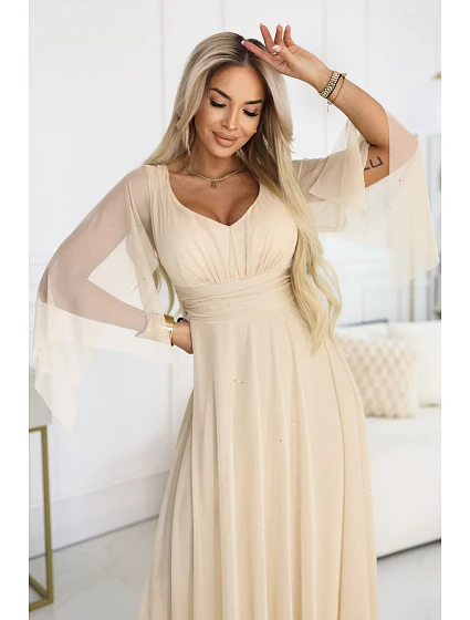 Dlouhé lehké třpytivé šaty 655-4 béžové - Numoco Dlouhé lehké třpytivé šaty 655-4 béžové - Numoco