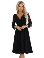 Elegantní midi šaty s obálkovým výstřihem a rukávy černé model 21794482 - numoco