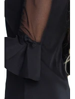 668-1 Trapézové brokátové šaty s tylovými rukávy a výstřihem do V - černé