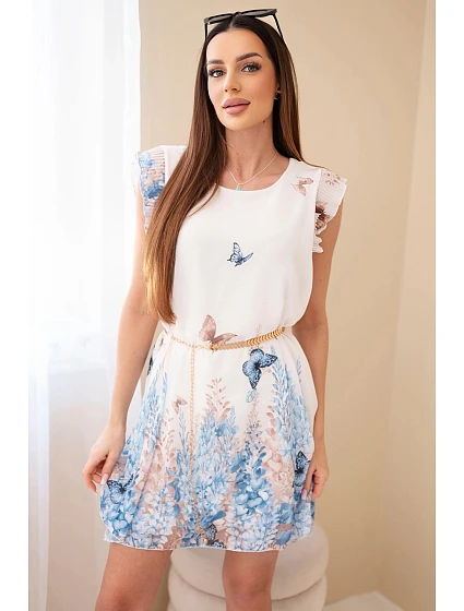 Dámské šaty s plisovaným rukávem a ozdobným páskem modrá Dámské šaty s plisovaným rukávem a ozdobným páskem modrá