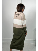 Trikolorní šaty s kapucí béžová + ecru + khaki