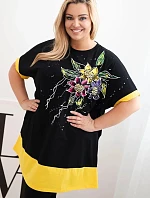 Dámská tunika Plus Size s květinovým vzorem a ozdobnými perličkami žlutá