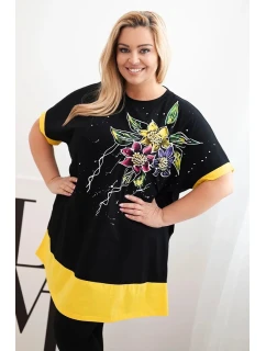 Dámská tunika Plus Size s květinovým vzorem a ozdobnými perličkami žlutá
