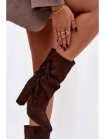 Dámské kotníkové boty na podpatku s třásněmi a žebrováním Zateplené Čokoládové model 21757539 - Boto