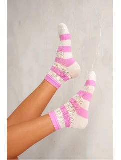Dámské azurové ponožky s proužky – růžová/ecru