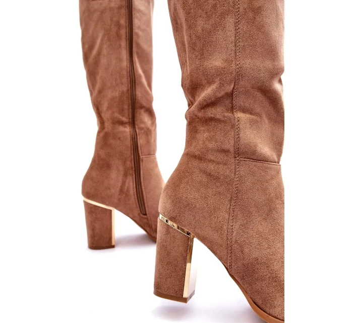 Dámské semišové kozačky na vysokém podpatku model 21099121 béžové - SEASTAR