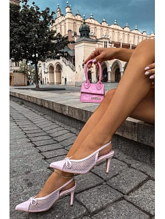 Růžové síťované sandály na podpatku s mašlí Moona