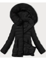 Černá prošívaná bunda pro přechodné období s kožešinou u kapuce model 21787485 - S'WEST