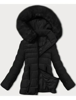 Černá prošívaná bunda pro přechodné období s kožešinou u kapuce model 21787485 - S'WEST