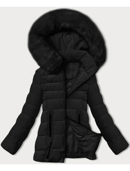 Černá prošívaná bunda pro přechodné období s kožešinou u kapuce model 21787485 - S'WEST
