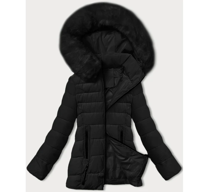 Černá prošívaná bunda pro přechodné období s kožešinou u kapuce model 21787485 - S'WEST