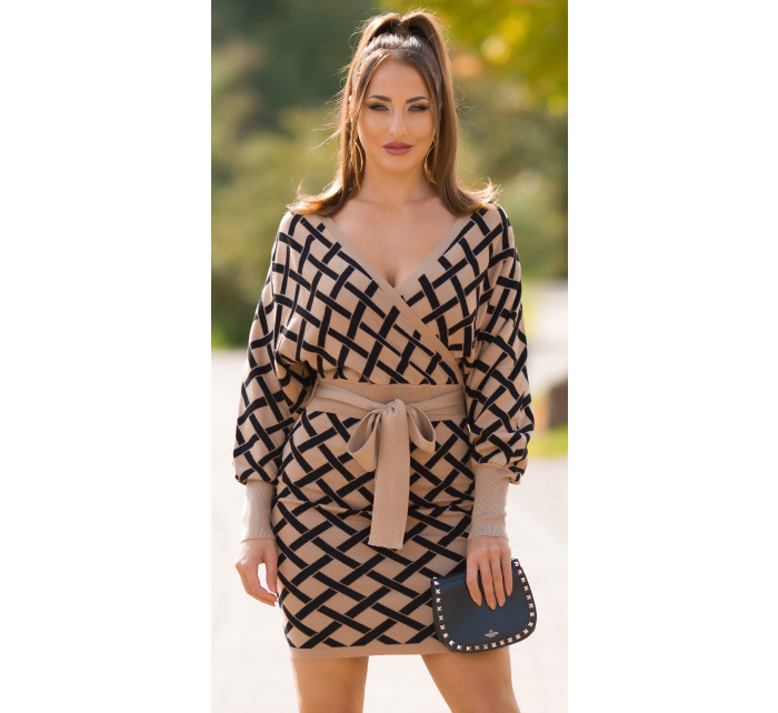 Sexy wrap look knit dress with belt