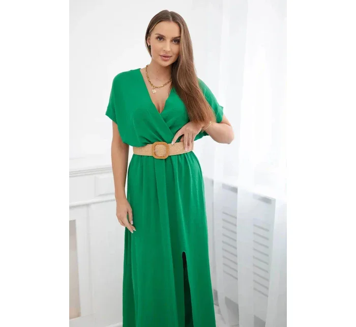 Dlouhé šaty s ozdobným páskem 6012F zelené - Kesi