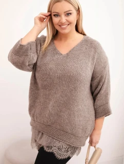 Dámská souprava svetr s V výstřihem a viskózová blůza s krajkovým spodkem fango