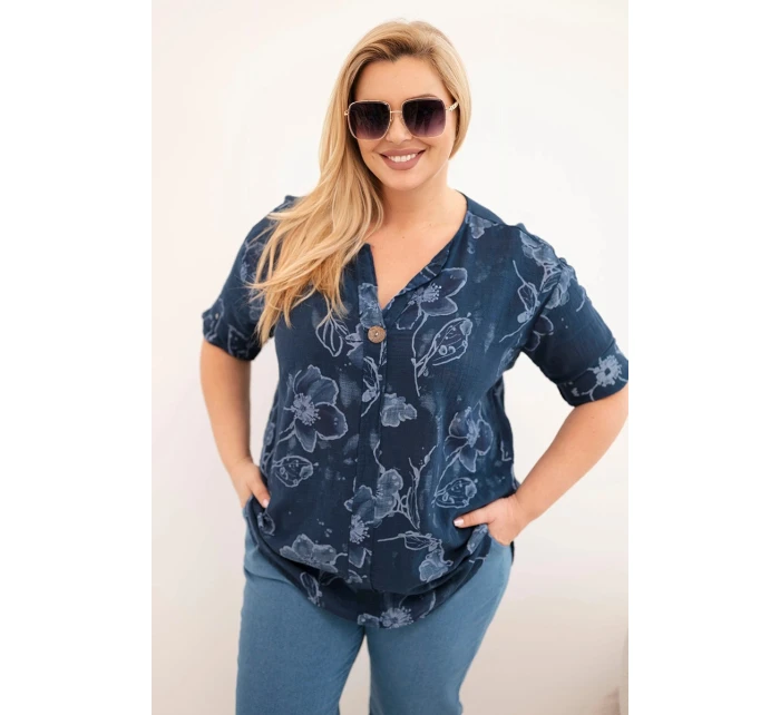 Dámská bavlněná halenka Plus Size s květinovým vzorem námořnická modrá