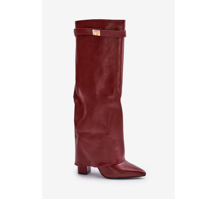 Dámské Kozačky Eko Kůže S Otočeným Svrškem Na Podpatku Bordové Avamora