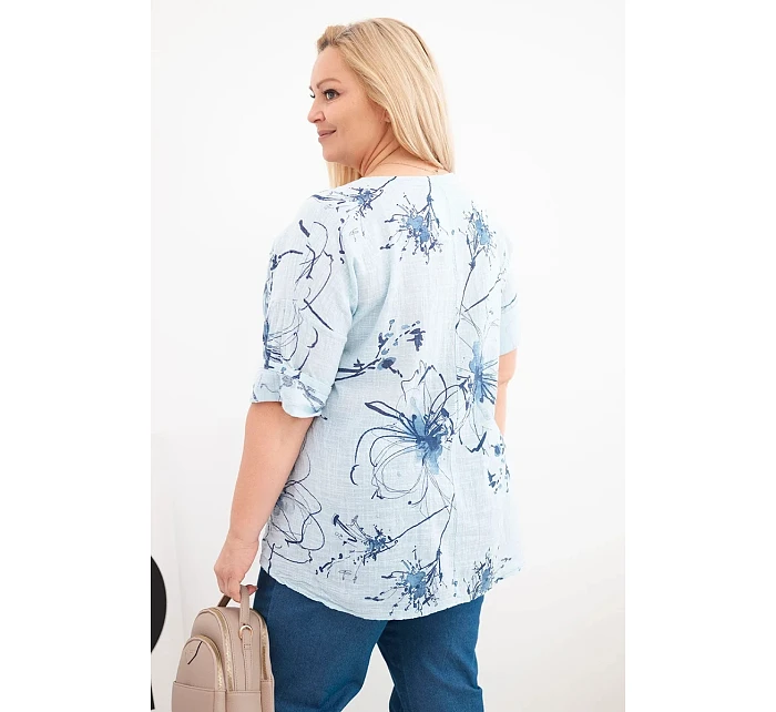 Dámská bavlněná halenka Plus Size s krátkým rukávem a kapsou modrá Dámská bavlněná halenka Plus Size s krátkým rukávem a kapsou modrá