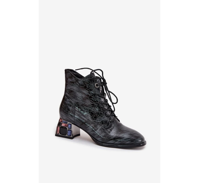 Lakované dámské z pravé kůže na podpatku s krystaly  šedé model 21712403 - Artiker