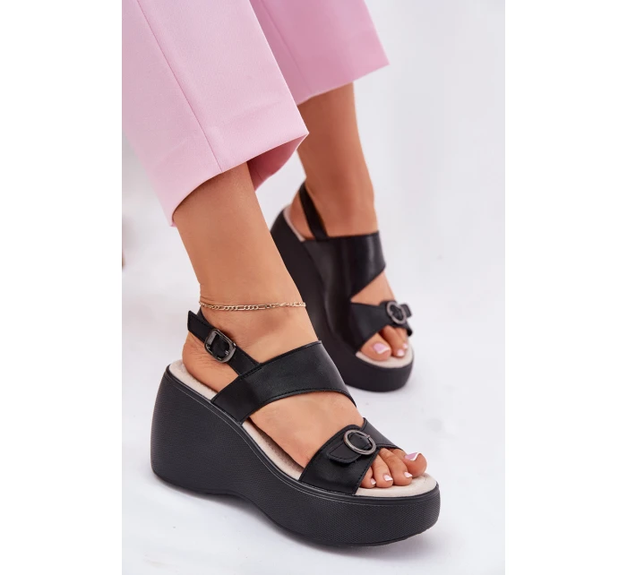 Kožené dámské sandály na platformě a podpatku model 21695743 černé - S.Barski
