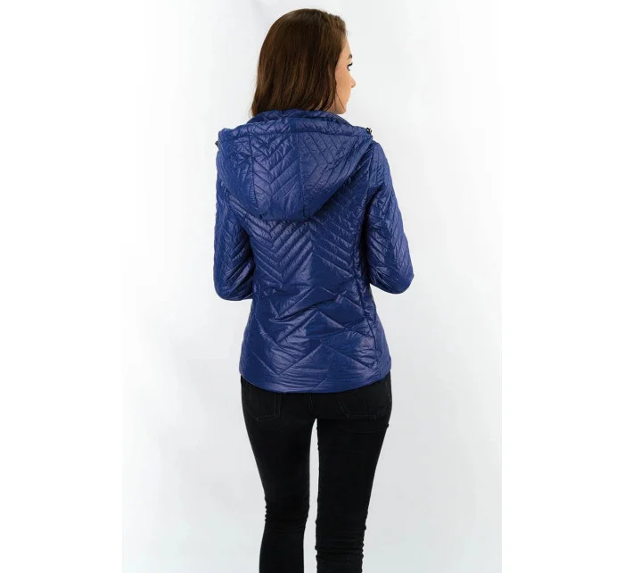 Tmavě modrá krátká dámská prošívaná bunda s kapucí (B9566) Tmavě modrá krátká dámská prošívaná bunda s kapucí (B9566)