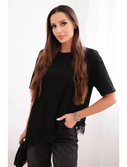 Dámská asymetrická bavlněná blůza s krajkou dole černá Dámská asymetrická bavlněná blůza s krajkou dole černá