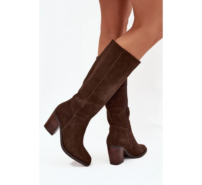 Dámské kozačky na sloupkovém podpatku se zipem Lissara – čokoládové, eko semiš Dámské kozačky na sloupkovém podpatku se zipem Lissara – čokoládové, eko semiš