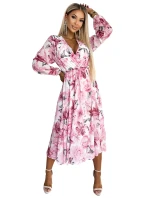472-1 Szyfonowa sukienka midi z długim rękawkiem i dekoltem - jasno-różowe KWIATY na białym tle 472-1 Szyfonowa sukienka midi z długim rękawkiem i dekoltem - jasno-różowe KWIATY na białym tle