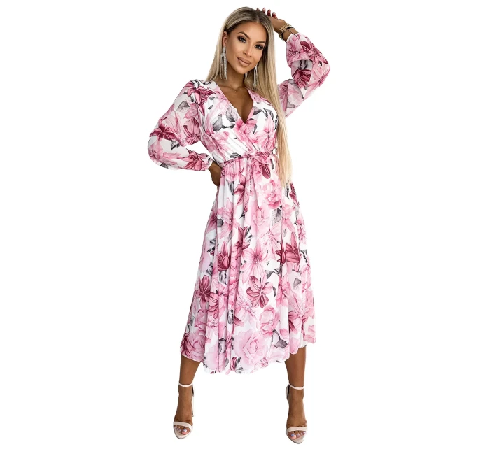 472-1 Szyfonowa sukienka midi z długim rękawkiem i dekoltem - jasno-różowe KWIATY na białym tle 472-1 Szyfonowa sukienka midi z długim rękawkiem i dekoltem - jasno-różowe KWIATY na białym tle