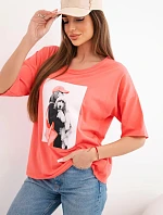 Dámská bavlněná oversize halenka s krátkým rukávem a módním potiskem meruňková