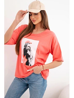 Dámská bavlněná oversize halenka s krátkým rukávem a módním potiskem meruňková