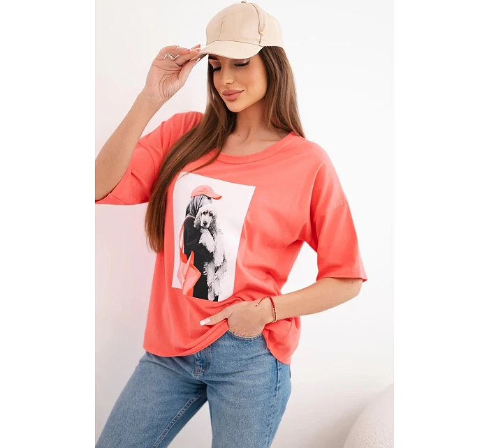 Dámská bavlněná oversize halenka s krátkým rukávem a módním potiskem meruňková